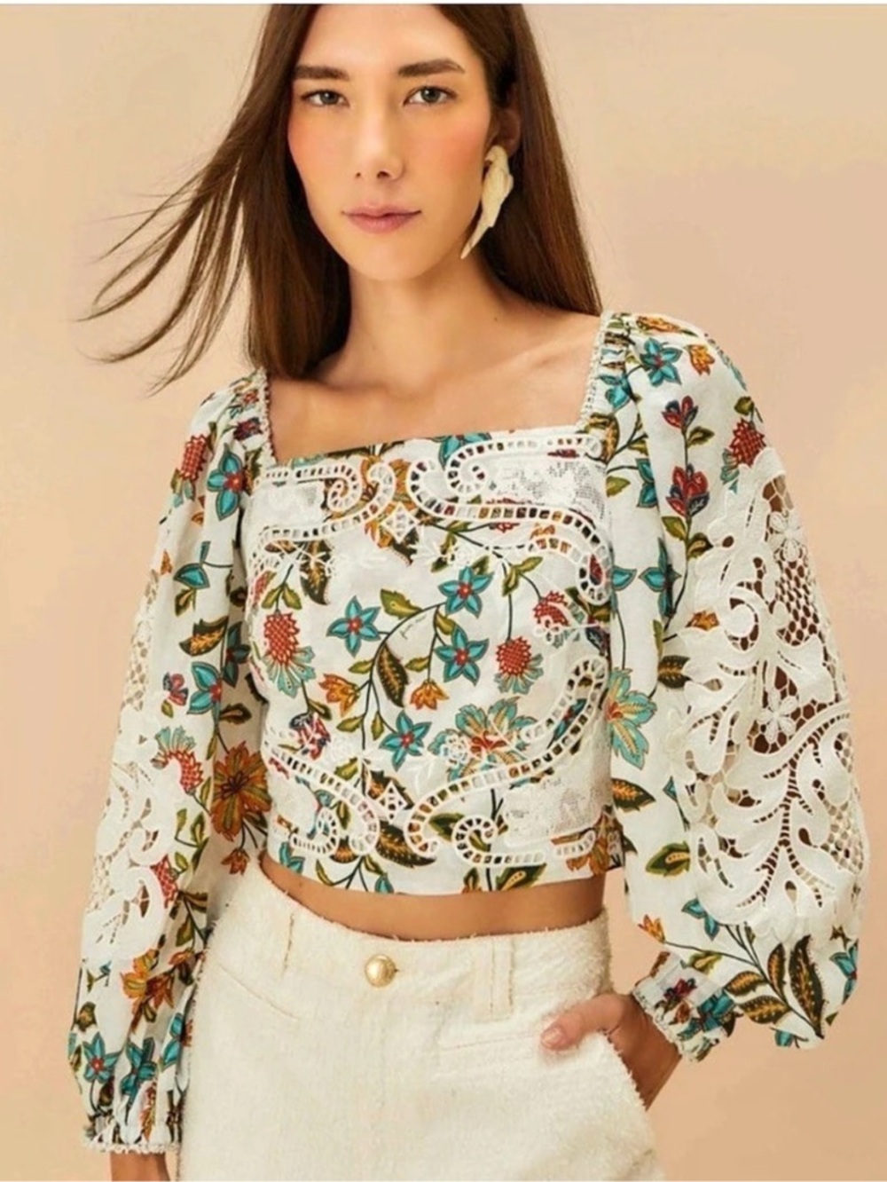Farm Rio Off-White Botanicals Lace Blouse Floral Cropped Top White & Multicolor
